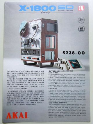Vtg 1970 Akai Model X - 1800sd Four Track Stereo Reel Tape Recorder Deck Brochure