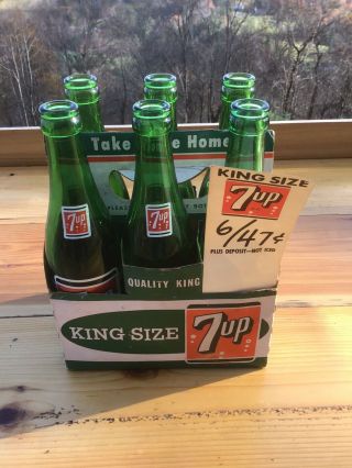 Vintage 6 Pack Of 7 - Up Pop Bottles King Size 10 Oz.  W/carrier