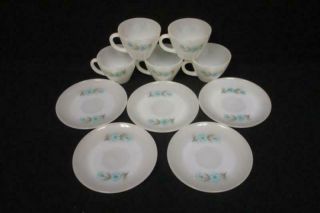 Set Of 5 Vintage Fire King Milk Glass Cups And Saucers Primrose Blue Gray Flower
