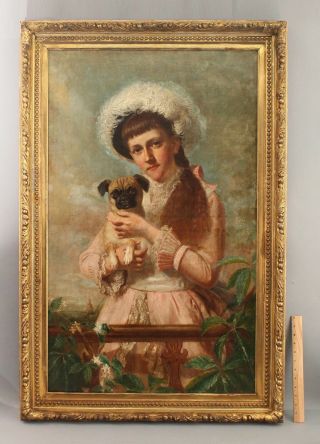 Antique Thomas Waterman Wood American Portrait Oil Painting Young Girl & Pug Dog