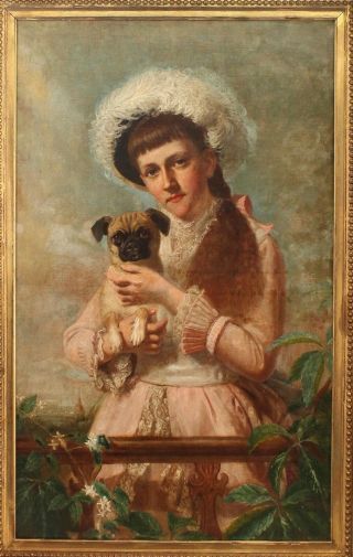 Antique THOMAS WATERMAN WOOD American Portrait Oil Painting Young Girl & PUG DOG 2