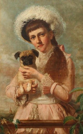 Antique THOMAS WATERMAN WOOD American Portrait Oil Painting Young Girl & PUG DOG 3