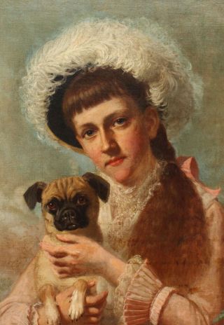 Antique THOMAS WATERMAN WOOD American Portrait Oil Painting Young Girl & PUG DOG 4