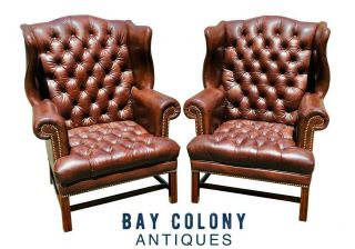 20th C Chippendale Antique Style Tufted Leather Wing Back Arm Chairs