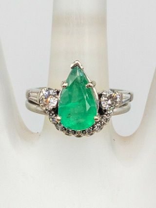 Antique $10,  000 5ct Pear Cut Colombian Emerald Diamond Platinum Wedding Ring Set