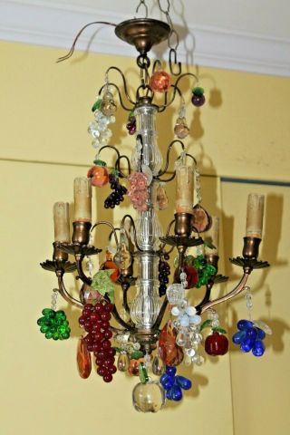 Late 19thc Maison Bagues Bronze Cage - Murano Glass Fruit - 6 Light Chandelier