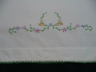 Vintage Pair Pillowcases Pastel Flowers Hand Embroidered Crochet Edging