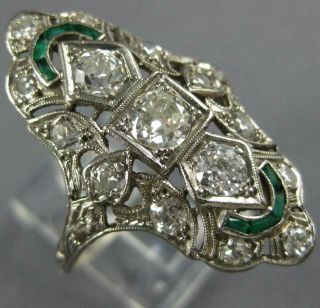 Antique Large Art Deco 1.  40ct Old Mine Diamond & Aaa Emerald Platinum Ring 27020