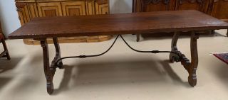 Antique Oak Spanish Rustic Farmhouse Dining Table Trestle Wrought Iron Thick Top