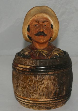 Antique Figural Pottery Tobacco Jar Container Humidor Man In Barrel Terracotta