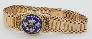Antique Heavy 14k Gold Pearl Blue Enamel Floral Flip - Top Mechanical Ladies Watch