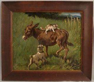 19thc Antique Filippo Palizzi Genre Oil Painting Donkey Norfolk Terrier Dog Cat