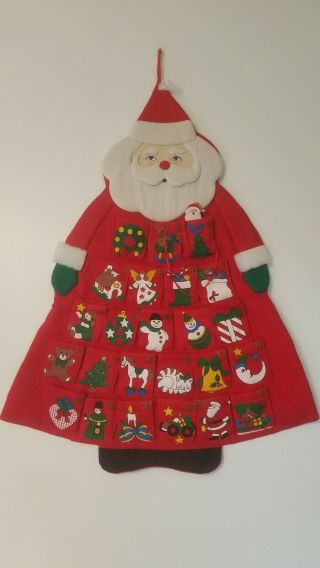 Vintage Christmas Holiday Advent Calendar Cloth Fabric Santa Tree Hanging Pocket