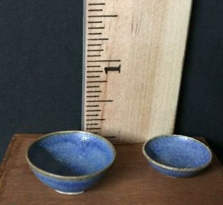 Vintage Set Of 2 Dollhouse Miniature Artisan Art Pottery Bowls Blue Stoneware