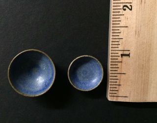 Vintage Set of 2 Dollhouse Miniature Artisan Art Pottery Bowls Blue Stoneware 2