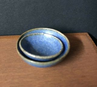 Vintage Set of 2 Dollhouse Miniature Artisan Art Pottery Bowls Blue Stoneware 3