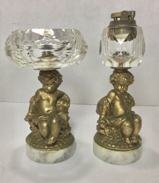 Vintage Crystal And Brass Cherub Angel Ashtray And Lighter Set Vintage