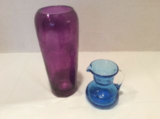 Vintage Pilgrim Blue Crackle Glass Mini Pitcher And Purple Vase Hand Blown Glass