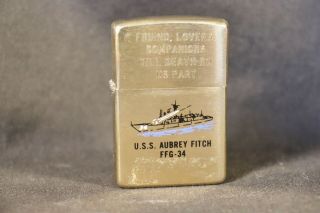 Vintage 1984 Zippo Lighter Barely Uss Aubrey Fitch Ffg Frigate - 34 Brass