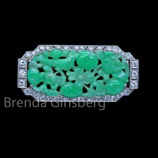 Antique Art Deco Brooch Natural Jadeite Jade Diamonds Platinum W Certificat (6880
