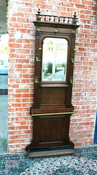 French Antique Oak Henry II Hall Tree Stand Hat Rack w Mirror 2