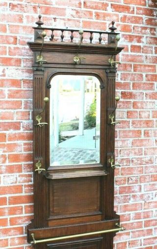 French Antique Oak Henry II Hall Tree Stand Hat Rack w Mirror 3
