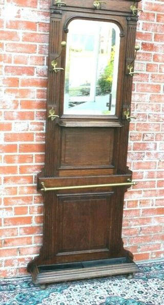 French Antique Oak Henry II Hall Tree Stand Hat Rack w Mirror 4