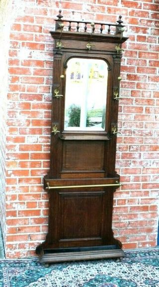 French Antique Oak Henry II Hall Tree Stand Hat Rack w Mirror 5