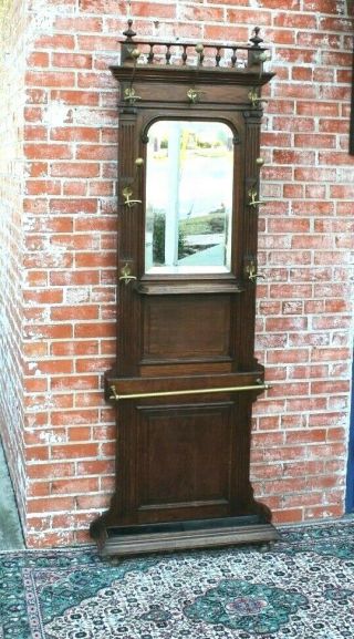 French Antique Oak Henry II Hall Tree Stand Hat Rack w Mirror 6