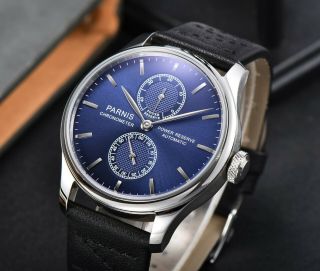 Parnis Fashion 43mm Power Reserve Indicator Automatic Men Watch Leather Band