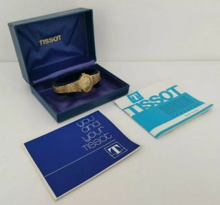Vtg 1975 Tissot Stylist Gold Plate Swiss Oval Ladies Wrist Watch Box & Papers