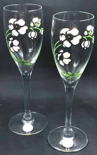 2 Vintage French Perrier Jouet Champagne Flutes Hand Painted Anemone Belle