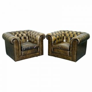 Stunning Vintage Chesterfield Leather Club Armchairs Feather Cushions