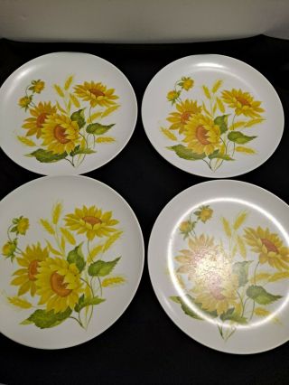 Set Of Four Vintage Melmac - Like Sunflower Dinner Plates.  Vibrant Color