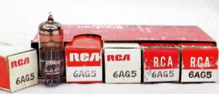 A Group Of 5 N.  O.  S Vintage Rca 6ag5 Vacuum Tubes.  One Money