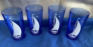 4 Vintage Hazel Atlas Cobalt Blue Sailboat Juice Glasses 1930 