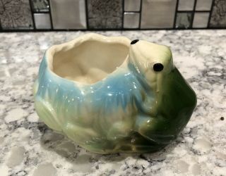 Vintage Mccoy Pottery Frog With Lotus Blossom Water Lily Planter Teal Blue/green