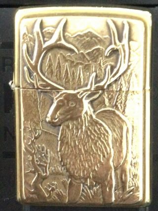 1998 Barrett Smythe Elk Brass Zippo.  In Tiin.  Struck