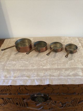Vintage Copper Measuring Cups Set Of 4 With Brass Handles Heavy Marked Korea
