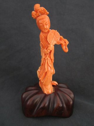 ANTIQUE CHINESE CARVED NATURAL RED CORAL GUANYIN STATUE 2