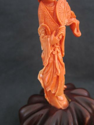 ANTIQUE CHINESE CARVED NATURAL RED CORAL GUANYIN STATUE 5
