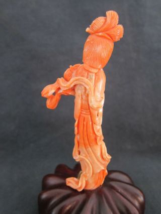 ANTIQUE CHINESE CARVED NATURAL RED CORAL GUANYIN STATUE 6