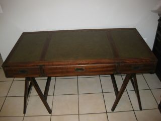 Antique Wooden Campaign Desk With Leather Top