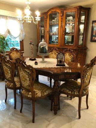 Baroque Dining Room Set Circa 1975,  Table,  6 Chairs,  China Cabinet,  Green