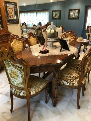 Baroque dining room set circa 1975,  table,  6 chairs,  China cabinet,  green 2
