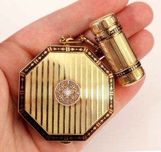 Antique Art Deco Tiffany & Co 14k Gold Diamond & Enamel Compact Lipstick Makeup