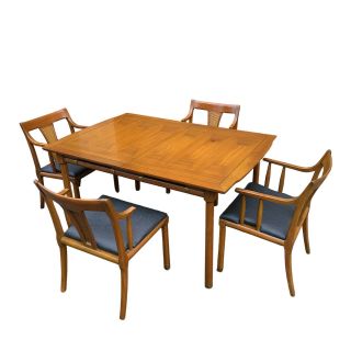 Mcm Drexel Style Campaign Walnut Dining Set: 56 " Table & 4 Cane Back Chairs