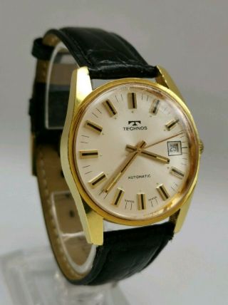 Vintage 1960s Technos Automatic Gold Plate Gents Day Date Wrist Watch Incabloc