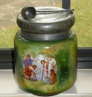 Antique Porcelain Tobacco Jar Humidor With Pewter Pipe Lid Victoria Austria