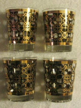 4 Vintage Mid Century Modern Rock Glasses Black & Gold Design 4 3/8 Inches Tall